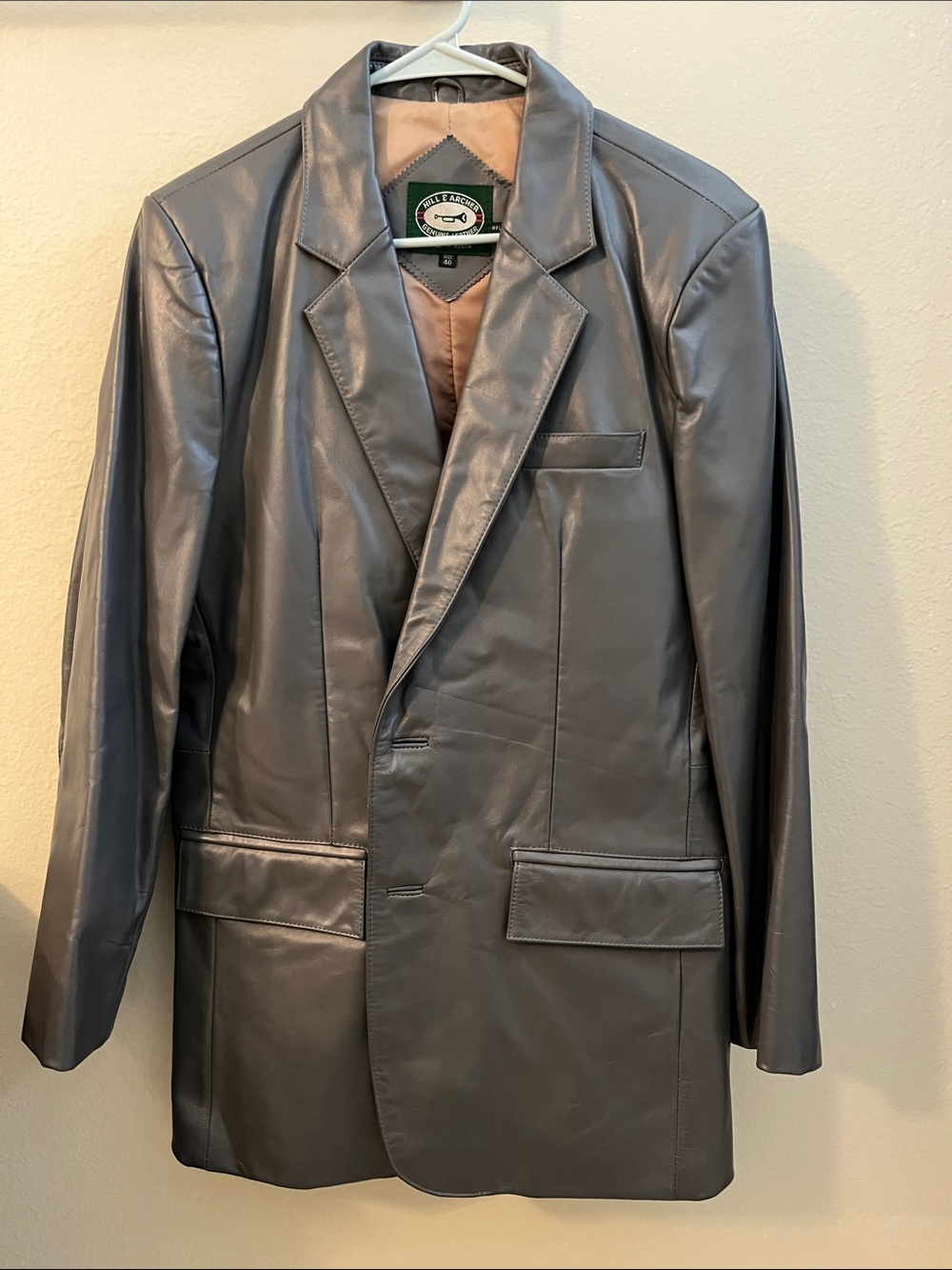 Vintage Hill & Archer Men's Gray Silver Leather Blazer Single-Breasted Jacket 40